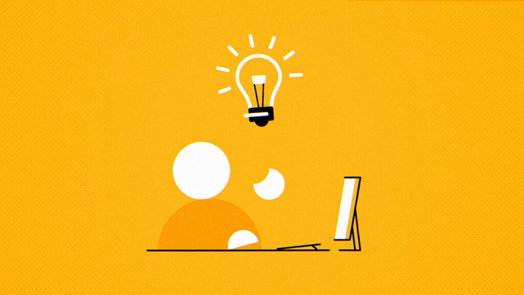 Animated man from a video describing our process has idea against yellow background
