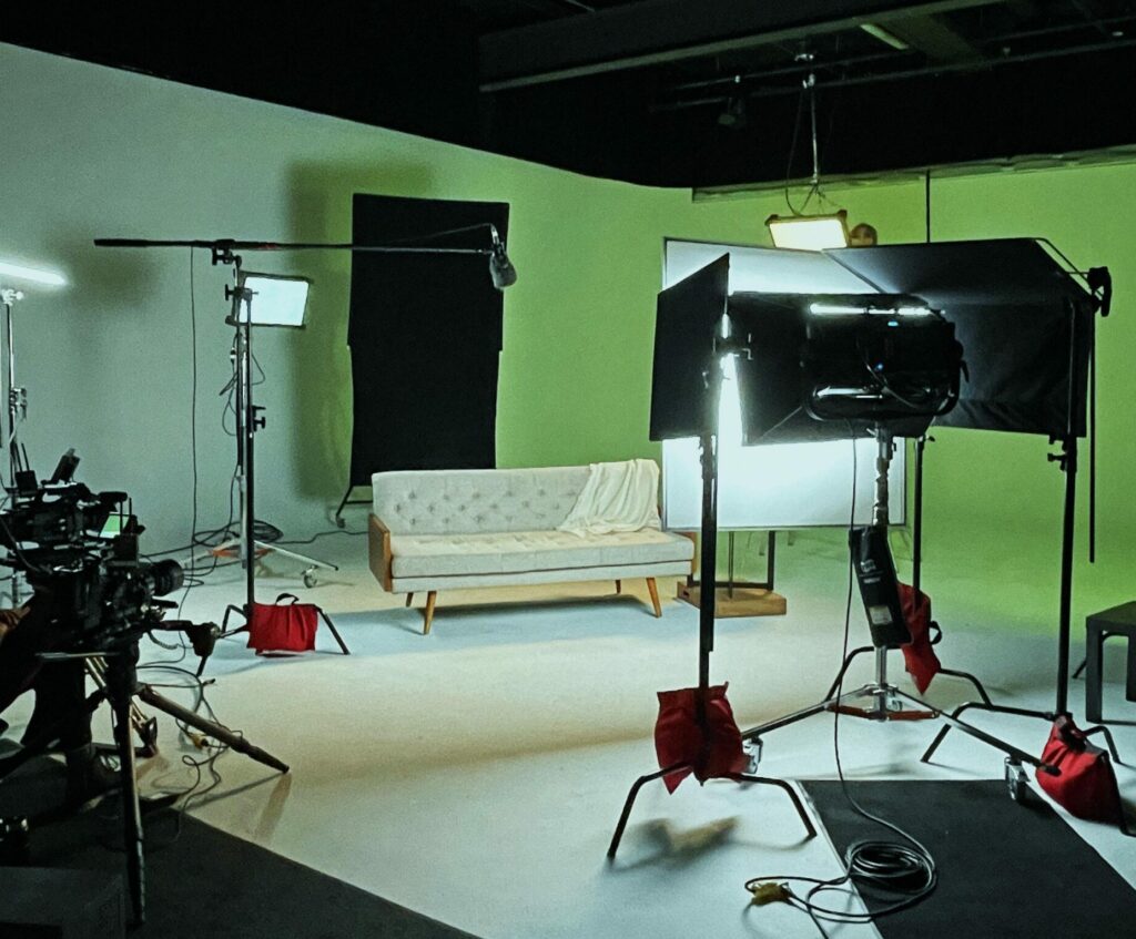 Lighting setup on green screen set for video production in Winnipeg, Manitoba under the branded content and commercial category